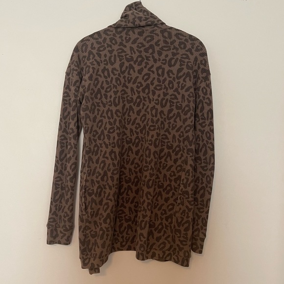 3/15💚 Miss Chiveous Waffle Knit Open Cardigan Taupe Brown Leopard Animal Print - Picture 2 of 6